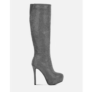 Nebula Rhinestone Embellished Stiletto Calf Boots - London Rag - Grey - US(10)